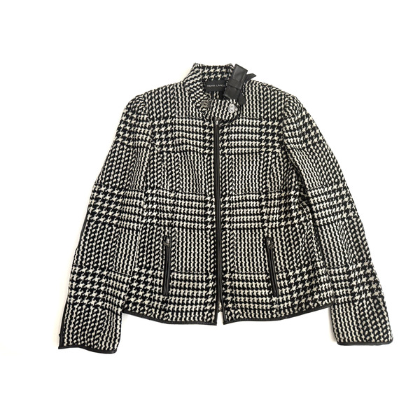 Rena Lange Wool Jacket 12 Ivory Black Leather Trim Elbow Patches Zip-Up Germany